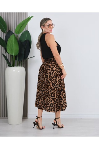 Veraura Lifestyle Kadın Önden Bağlamalı Leopar Desenli Süprem Uzun Etek