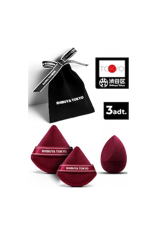 Üçgen Pudra Pufu Ve Makyaj Süngeri 3 Lü Set Kumaş Kese Bordo