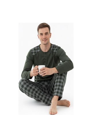 Erkek İnterlok Rahat Kalıp Sıfır Yaka Pamuk Pijama Takımı 6779 Haki