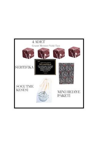 Perlotus Vişne Mermer Viski Taşı 4’lü + Bez Keseli Paketli Set