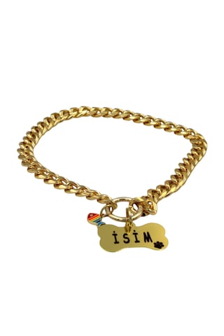 Caramelos İsimli Köpek Tasması- Köpek Zincir - Paslanmaz Çelik Köpek Kolyesi - Köpek Kolye - Orta Ve Büyük Irk Altın