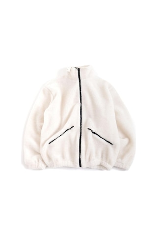 Ekru Peluş Dik Yaka Cepleri Fermuarlı Oversize Peluş Ceket Ekru