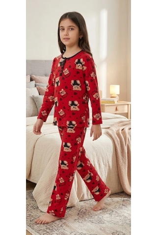 Biçomi Kaşıntı Ve Tahriş Önleyici %100 Pamuk Kalpli Ayıcık Çocuk Pijama Takımı Kırmızı