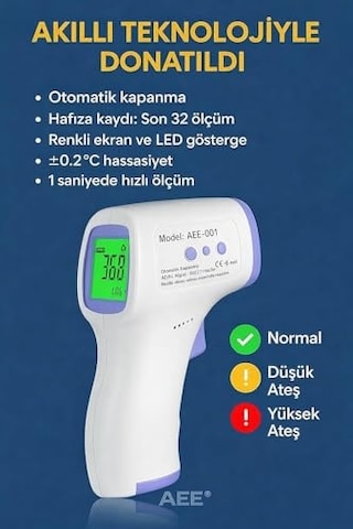 Aee Ce Onaylı Dijital Temassız Ateş Ölçer Termometre Tabanca Model Hafızalı Pilli Bebek Çocuk Kedi Köpek Ortam Nesne Yemek Havuz Oda