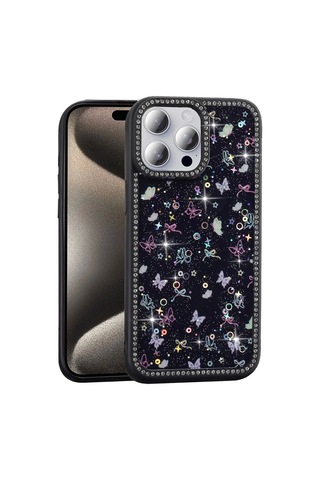 Apple Uyumlu iPhone15 Pro Kılıf Taşlı Simli Kenarları Silikon Parıltılı Azra Kapak Telefon Kılıfı Kamera K