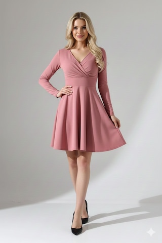 Defymoda Kadın Uzun Kollu Zarif Kloş Elbise Pembe
