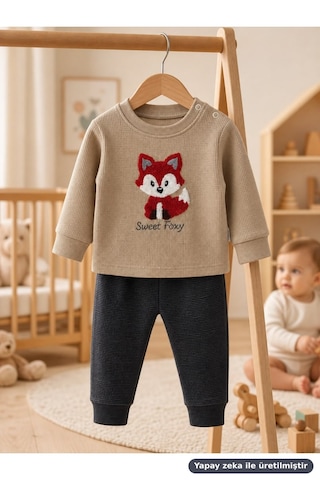 Ferasty İstanbul Erkek Bebek 2'li Takım Tilki Nakışlı Sweet Foxy Bej