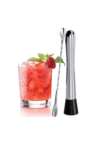 Vkemall 10 İnç Paslanmaz Çelik Kokteyl Muddler Ve Uzun Saplı Karıştırma Kaşığı - Mojito Ve Meyve İçecekleri İçin Bar Aksesuarı Seti Gümüş