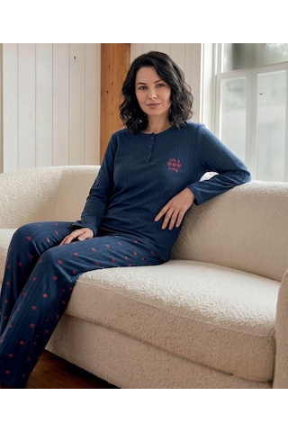 Lana Kadın Battal Pamuk Likralı Raporlu İnterlok Kışlık Pijama Takımı 245/26 - 1 Adet Lacivert