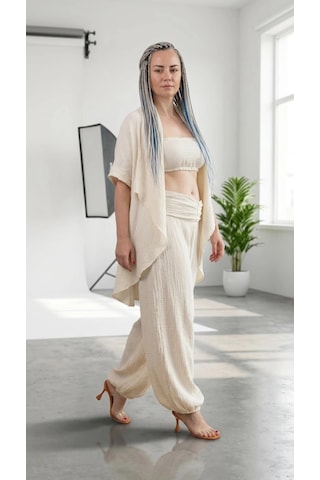 Byemelika %100 Pamuk, Bürümcük, Lastik Detay, Bohem Lidya Kaftan Bej