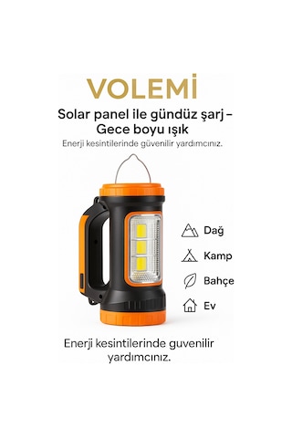 Volemi V-003 Güneş Enerjili Şarjlı Kamp Lambası 3 W + 15 W Uzun Menzilli Acil Durum Feneri Turuncu - Yeşil
