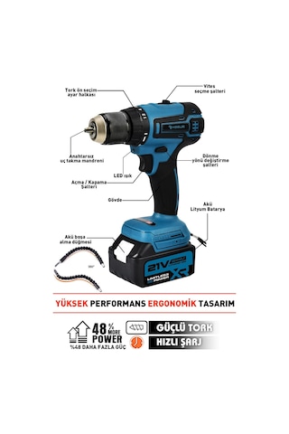 Assur 21V Akülü Vidalama Kömürsüz Motor Şarjlı Matkap - 1569