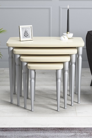 Imaj Mdf Ve Lake Boya, Krem 4lü Zigon Sehpa Takımı, Doğal Vernikli Gürgen Ayaklar Sehpalar Krem Ayaklar Gümüş