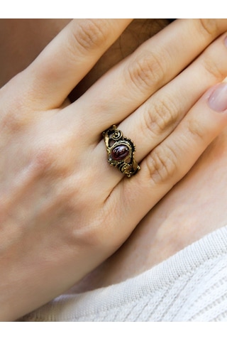 Doğal Taş Garnet Lal Doğal Taşlı Antik İşlemeli Ayarlanabilir Kadın Yüzük Euy36g MOR