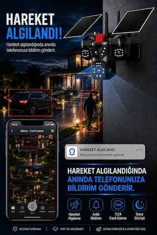 4 Kameralı Wifi 12mp Çift Solar Panelli Hareket Algılamalı Güvenlik Kamerası