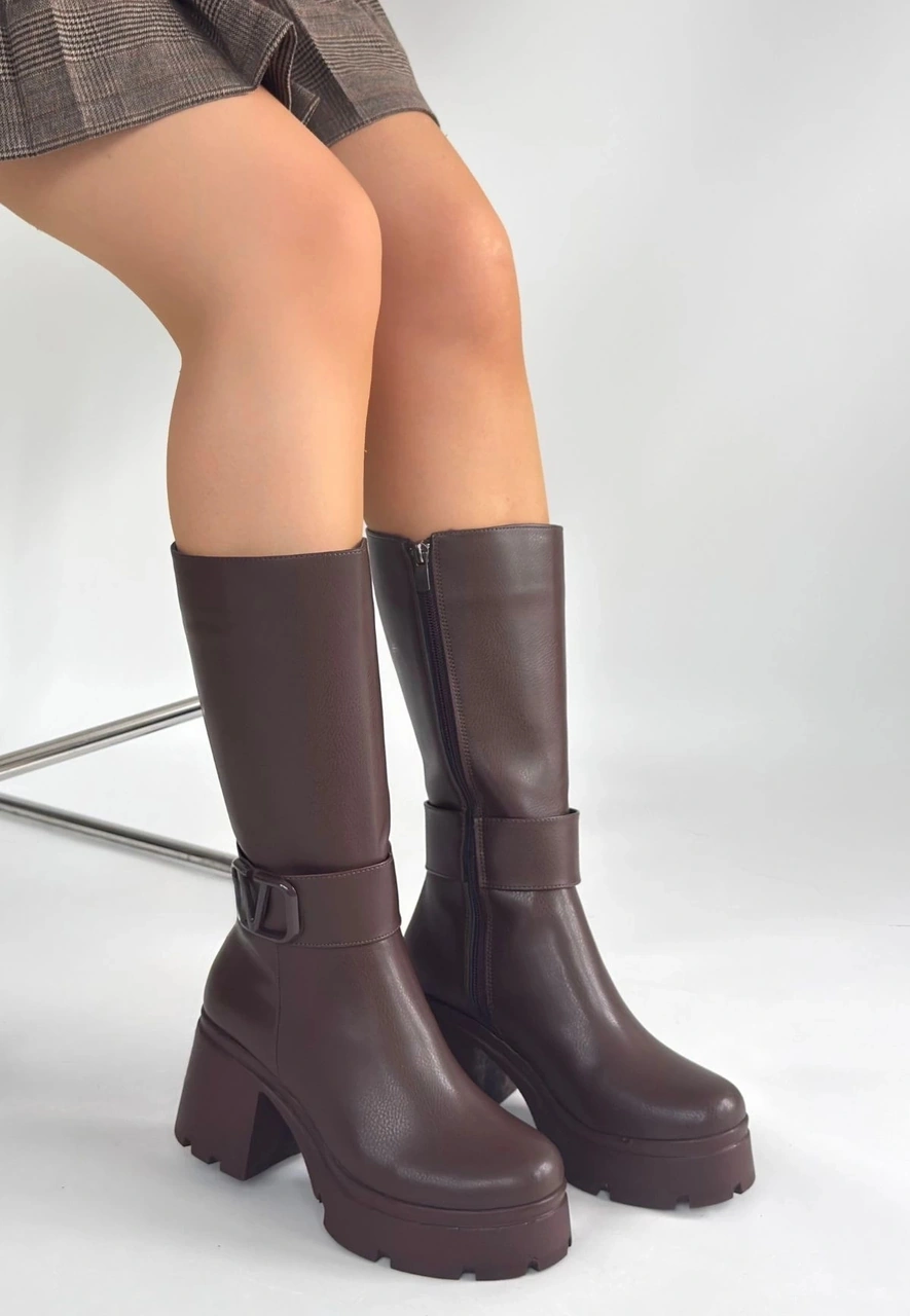 Biçomi Moki Kahverengi Cilt Topuklu Çizme Çok Renkli