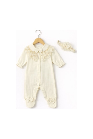 Kardeşler Bebe Fiyonk Ve Dantel Detaylı Çıkarılabilir Yaka Kız Bebek Patikli Tulum + Saç Bandı Ekru
