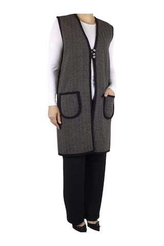 Kadın Desenli Üç Düğmeli Kalın Kışlık Yelek Vizon