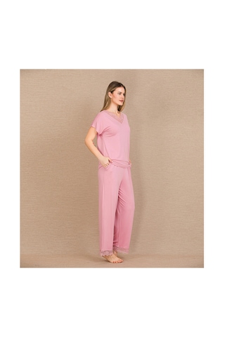 L'ombre Viskon Şık Tasarım Dantel İşlemeli Pembe Kısa Kol Pijama Takımı