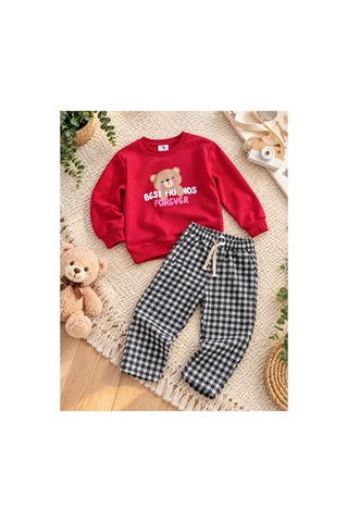 Uğur Bebe Unisex Çocuk Eşofman Takımı Kırmızı Ayıcık Baskılı Sweatshirt Siyah Beyaz Kareli Dokuma Kanvas Pantolonlu 2 Parça Günlük Spor Kombin %100 Pamuk Şardonsuz Kırmızı Kırmızı