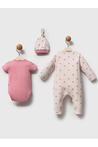 Moi Noi Baby Moi Noi 3lü Şapkalı Baskılı Tulum - Pembe Gül Kurusu