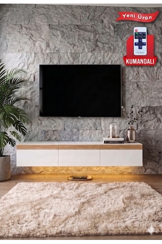 Pureline Tech Led Işıklı Tv Ünitesi 180 Cm - Modern Tv Sehpası - Beyaz