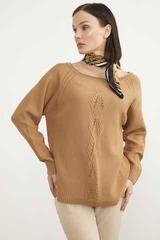 Sementa Kayık Yaka Motif Detaylı Triko Kazak - Kamel 001