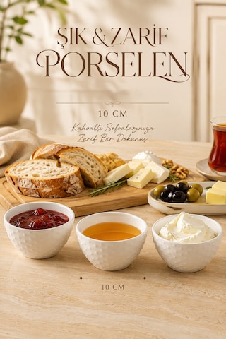 Porsima Dora 3'lü Porselen Çerezlik & Sosluk Seti 10 Cm - Kabartmalı Puantiyeli İkramlık Yok