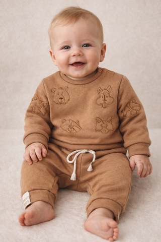 Uğur Bebe Camel Renk İşlemeli Bebek Takımı Kalın İçi Şardonlu Omuzdan Çıtçıtlı Camel Camel
