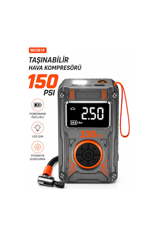 Taşınabilir Hava Kompresörü 150 Psı 4000mh Powerbanklı Dijital Lastik Şişirme Pompası Led Işıklı