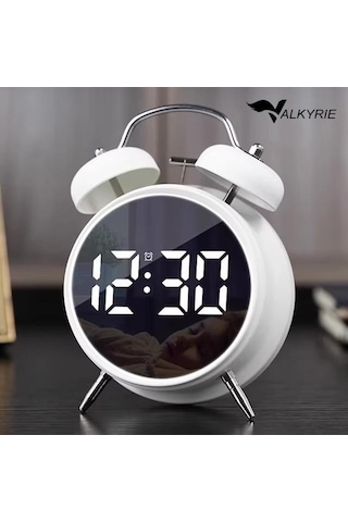 Valkyrie Led Ekranlı Analog Alarmlı Masa Saati Çalar Saat Pil Dereceli Çift Alarmlı Dijital Saat Beyaz