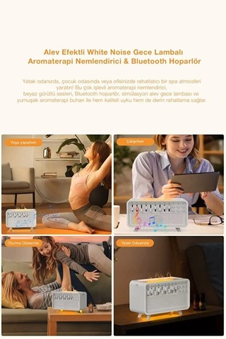 Alev Efektli White Noise Aromaterapi Hava Nemlendirici Bluetooth Hoparlörlü 200 Ml Difüzör