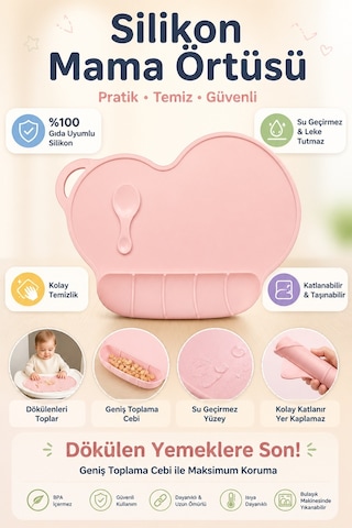 Katlanabilir, Kaymaz Silikon Bebek Masa Örtüsü Pembe Renk