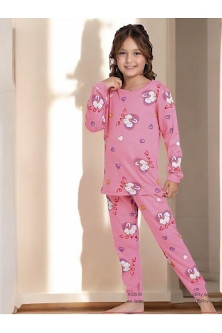 Kız Çocuk Pamuklu Tavşan Desenli Pijama Takımı-14919 Pembe