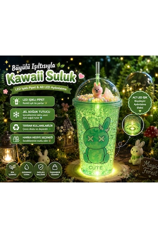 Çift Katlı İçecek Bardağı Led Işıklı Pipetli Kawaii Chibi Sevimli Tavşan Figürlü Suluk 450 Ml Yeşil