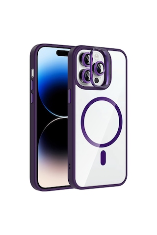 Apple Uyumlu iPhone 14 Pro Max Kılıf Standlı Ve Kamera Lens li M-safe Şarj Özellikli Zore Etro Kapak Derin Mor
