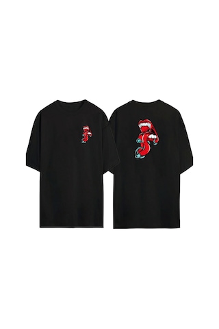 Thewert Unisex Piercing Çizim İle Dil Ön Arka Baskılı Sıyah Oversize T-shirt Siyah
