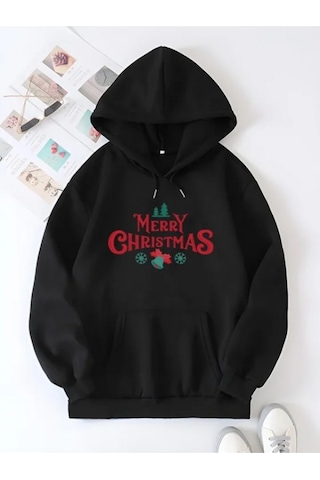 Efnaz Style Yılbaşı Merry Christmas Baskılı Oversize Kapüşonlu Sweatshirt Hoodie - Siyah