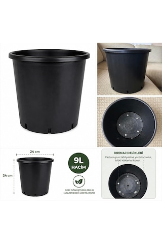 9l Üretim Saksısı Ø24 Siyah Plastik Saksı Fidan, Çiçek, Yetiştirme Kabı