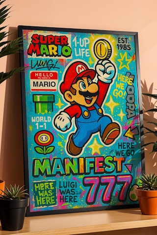 Super Mario Çerçeveli Tablo Manifest 777 Gamer Arkadaşa Hediye Street Art