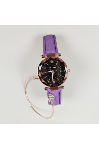 Kadın Saat Seti Bilezik Moda Aydınlık Eller Dişli Hareket Retro Kuvars Kol Saati Mor Diğer