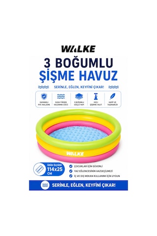 Walke 114 X 25 Cm 3 Boğumlu Şişme Çocuk Havuzu Dayanıklı Bahçe Ve Balkon Havuzu 14103 Çok Renkli