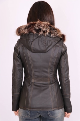 Kahverengi Hakiki Deri Kürklü Çıkarılabilir Kapüşonlu Mont Kaban
