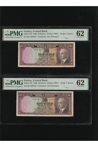 Pmg 62 Unc Çil İnönü Batan Gemi 50 Kuruş P 133 1930 S/n B3 450543/44 2. Ems