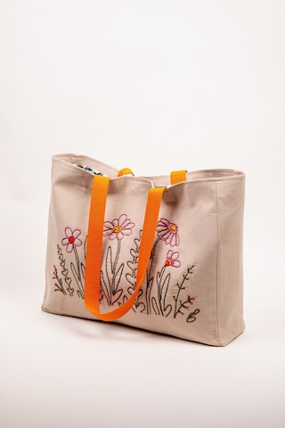 Fabric Craft Bag Omuz Çanta Nakışlı Keten Karışımlı Kumaş Tote Çanta Kahverengi - Turuncu