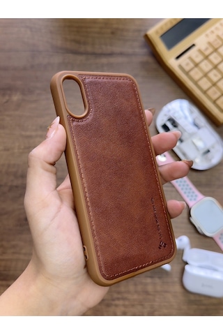 Apple iPhone Xs Max Uyumlu Premium Deri Dokulu Darbelere Karşı Dayanıklı Nazal Silikon Kılıf Kahverengi