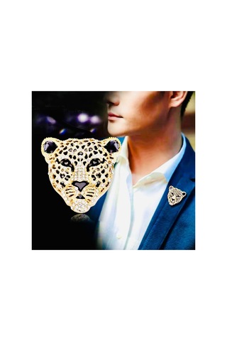 Altın Renk Zirkon Taşlı Siyah Renk Mineli Unisex Tasarım Leopar Broş Çok Renkli