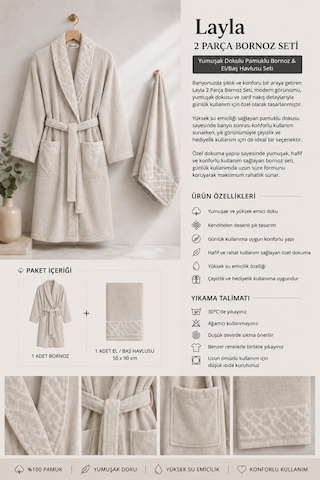 Layla Soft Unisex Bornoz Bornoz Erkek Bornoz Kadın Bornoz Hediyelik Sabahlık Çeyiz Bej