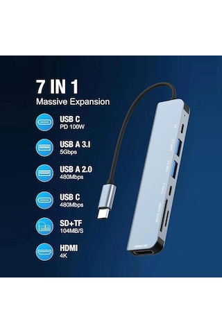 Divex 7 İn 1 Type-c Girişli 7 Farklı Çıkışlı Usb Çoklayıcı Splitter Dx-06