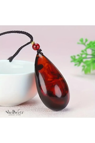 Ignis Gözyaşı Ateş Kehribarı Damla Şeklinde Unisex Kolye Kırmızı